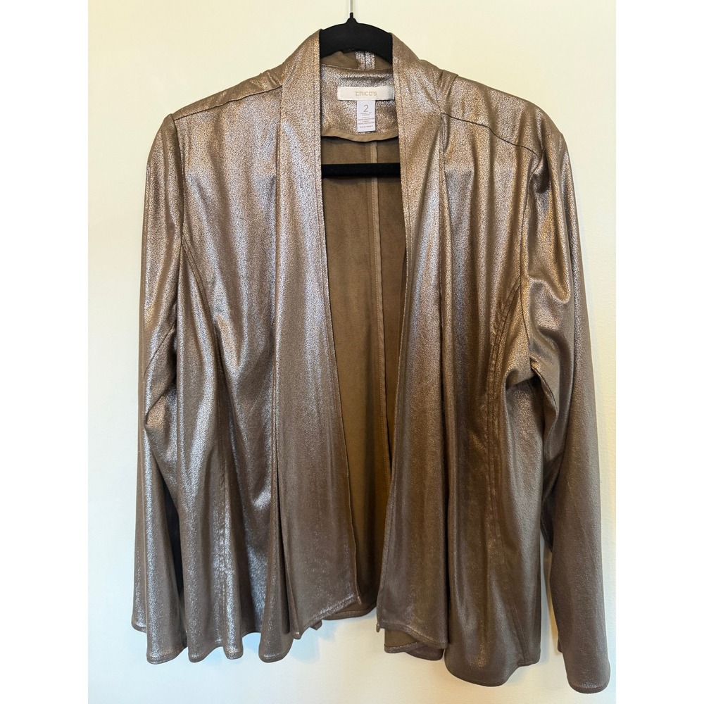 Chico's Cardigan Women Size 2 Bronze Excellnt Metallic Open Front Shimmer Jacket